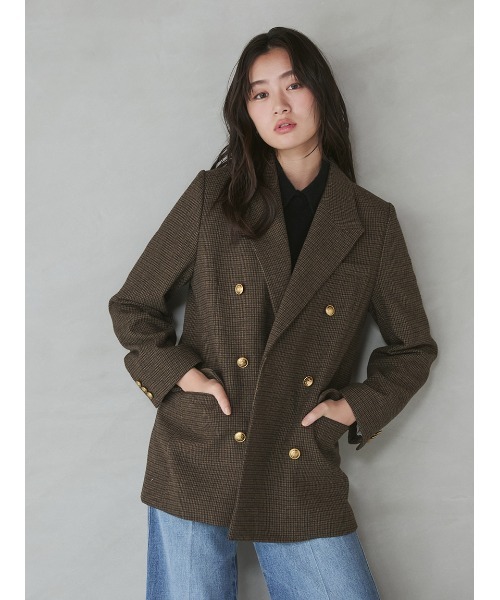 Mila Owen(ミラオーウェン)の「金釦ダブルブレストチェックロングブレザー(テーラードジャケット・レディース・ブラウン/ベージュ・F)」の6枚目の写真