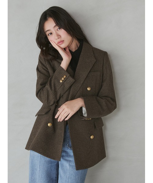 Mila Owen(ミラオーウェン)の「金釦ダブルブレストチェックロングブレザー(テーラードジャケット・レディース・ブラウン/ベージュ・F)」の4枚目の写真