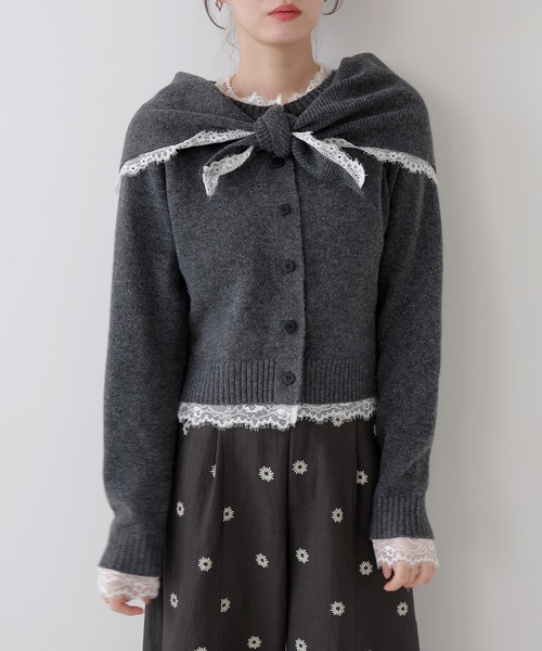 AMUU. PRECIEUSE(アムープレシューズ)の「スカーフセットレーストリムニットカーデ(ニット/セーター・レディース・アイボリー/チャコールグレー/ブラック・FREE)」の5枚目の写真