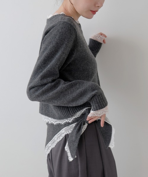 AMUU. PRECIEUSE(アムープレシューズ)の「スカーフセットレーストリムニットカーデ(ニット/セーター・レディース・アイボリー/チャコールグレー/ブラック・FREE)」の10枚目の写真