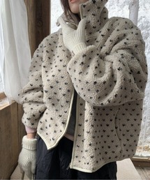ハート柄 異素材切替 スタンドカラー ボアブルゾン