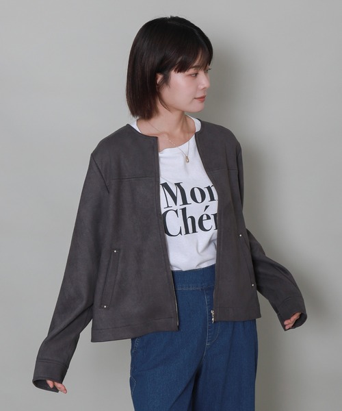 libelle more(リベル モア)の「フェイクスエードノーカラーショートブルゾン(ノーカラージャケット・レディース・チャコールグレー/グレー/アイボリー/スモークピンク・L/M)」の19枚目の写真