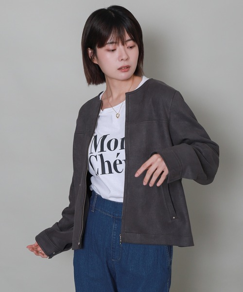 libelle more(リベル モア)の「フェイクスエードノーカラーショートブルゾン(ノーカラージャケット・レディース・チャコールグレー/グレー/アイボリー/スモークピンク・L/M)」の8枚目の写真