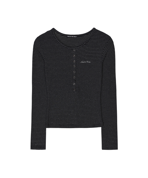 NICK&NICOLE(ニックアンドニコール)の「ストライプ ヘンリーネック トップ_グレー(Tシャツ/カットソー・レディース・ブラック・FREE)」の1枚目の写真