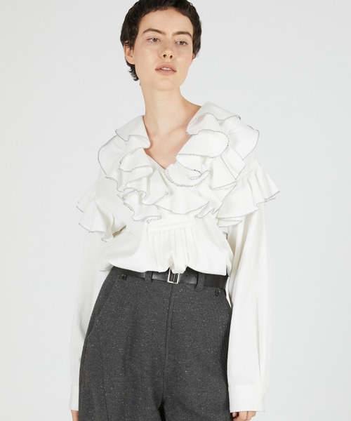 crinkle crinkle crinkle(クリンクルクリンクルクリンクル)の「ダブルフロントラッフルカラーブラウス / 【crinkle crinkle crinkle】 double front ruffle collar blouse(シャツ/ブラウス・レディース・ホワイト/ブラック・FREE)」の2枚目の写真