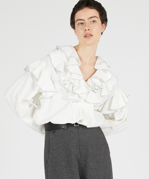 crinkle crinkle crinkle(クリンクルクリンクルクリンクル)の「ダブルフロントラッフルカラーブラウス / 【crinkle crinkle crinkle】 double front ruffle collar blouse(シャツ/ブラウス・レディース・ホワイト/ブラック・FREE)」の4枚目の写真