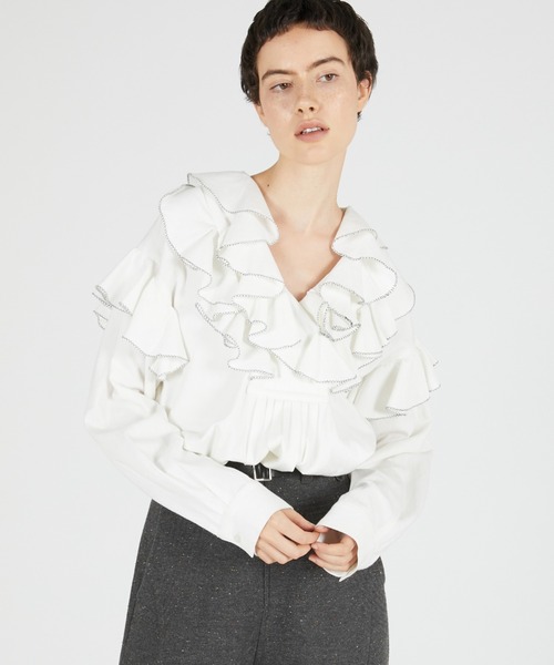 crinkle crinkle crinkle(クリンクルクリンクルクリンクル)の「ダブルフロントラッフルカラーブラウス / 【crinkle crinkle crinkle】 double front ruffle collar blouse(シャツ/ブラウス・レディース・ホワイト/ブラック・FREE)」の3枚目の写真