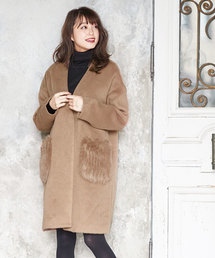 KOBE LETTUCE | 大人のさりげないこなれ感を演出！ポケットエコファーVネックノーカラーコート/レディース/アウター[K688]神戸レタス(ダウンジャケット/コート)