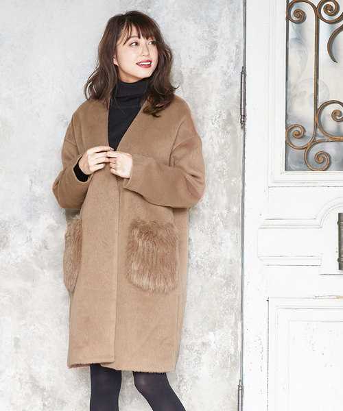 KOBE LETTUCE（コウベレタス）の「大人のさりげないこなれ感を演出！ポケットエコファーVネックノーカラーコート/レディース/アウター[K688]神戸レタス（ダウンジャケット/コート・レディース・グレー/チャコールグレー/アイボリー/キャメル/ピンクベージュ/ライトグレー/ベージュ/ブラウン系その他・FREE）」の7枚目の写真