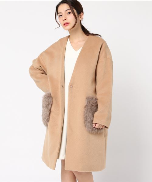 KOBE LETTUCE（コウベレタス）の「大人のさりげないこなれ感を演出！ポケットエコファーVネックノーカラーコート/レディース/アウター[K688]神戸レタス（ダウンジャケット/コート・レディース・グレー/チャコールグレー/アイボリー/キャメル/ピンクベージュ/ライトグレー/ベージュ/ブラウン系その他・FREE）」の6枚目の写真