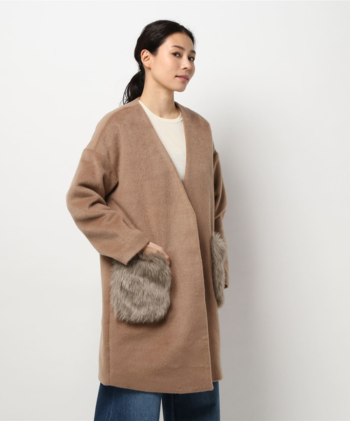 KOBE LETTUCE（コウベレタス）の「大人のさりげないこなれ感を演出！ポケットエコファーVネックノーカラーコート/レディース/アウター[K688]神戸レタス（ダウンジャケット/コート・レディース・グレー/チャコールグレー/アイボリー/キャメル/ピンクベージュ/ライトグレー/ベージュ/ブラウン系その他・FREE）」の5枚目の写真