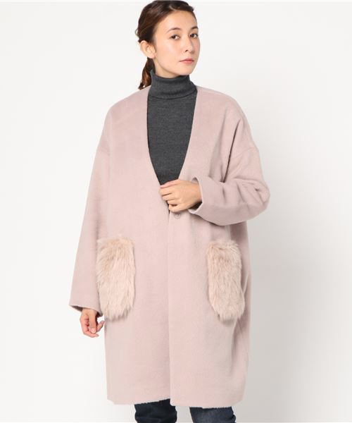 KOBE LETTUCE（コウベレタス）の「大人のさりげないこなれ感を演出！ポケットエコファーVネックノーカラーコート/レディース/アウター[K688]神戸レタス（ダウンジャケット/コート・レディース・グレー/チャコールグレー/アイボリー/キャメル/ピンクベージュ/ライトグレー/ベージュ/ブラウン系その他・FREE）」の8枚目の写真