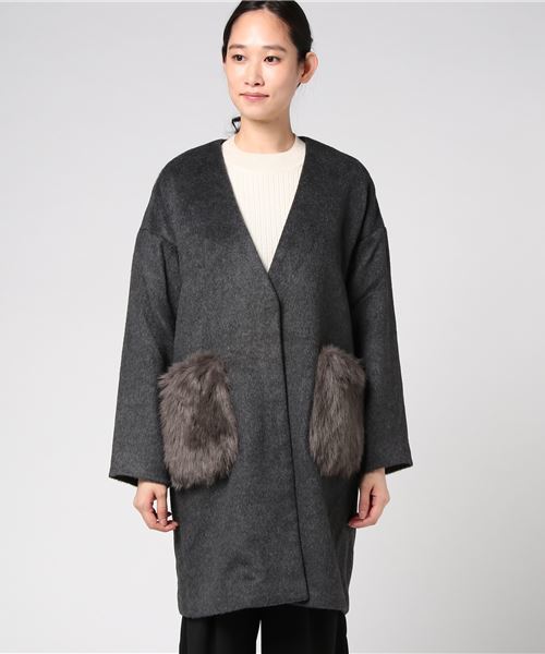 KOBE LETTUCE（コウベレタス）の「大人のさりげないこなれ感を演出！ポケットエコファーVネックノーカラーコート/レディース/アウター[K688]神戸レタス（ダウンジャケット/コート・レディース・グレー/チャコールグレー/アイボリー/キャメル/ピンクベージュ/ライトグレー/ベージュ/ブラウン系その他・FREE）」の9枚目の写真