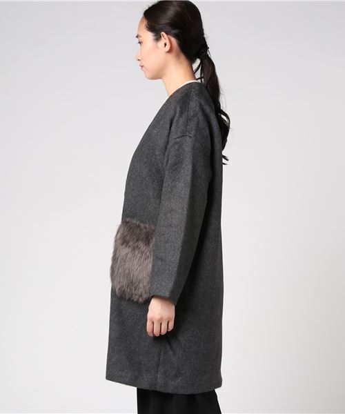 KOBE LETTUCE（コウベレタス）の「大人のさりげないこなれ感を演出！ポケットエコファーVネックノーカラーコート/レディース/アウター[K688]神戸レタス（ダウンジャケット/コート・レディース・グレー/チャコールグレー/アイボリー/キャメル/ピンクベージュ/ライトグレー/ベージュ/ブラウン系その他・FREE）」の10枚目の写真