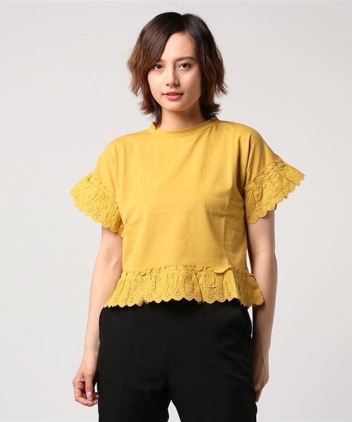 STYLEBLOCK(スタイルブロック)の「天竺コットンレースフリルTシャツ(Tシャツ/カットソー・レディース・ブラック/イエロー/ホワイト/グリーン・M)」の4枚目の写真