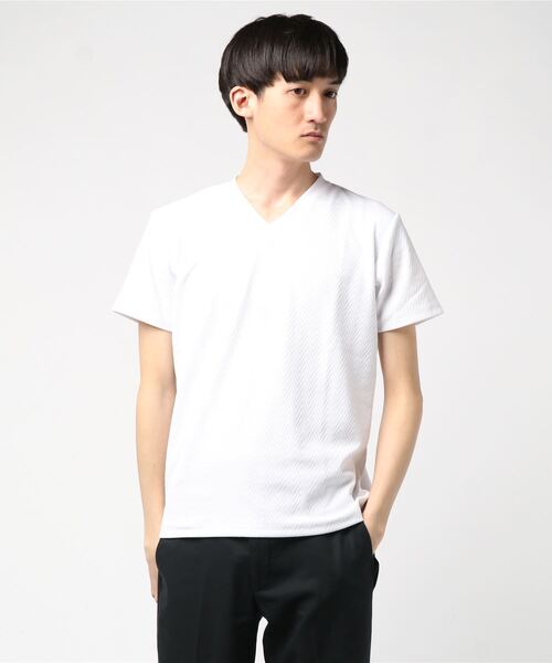 STYLEBLOCK（スタイルブロック）の「フクレジャガードへリンボン柄半袖VネックTシャツ（Tシャツ/カットソー・メンズ・ホワイト/ブラック/ネイビー・M/L/XL）」の2枚目の写真