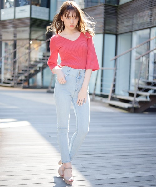 極美品 アドーア くすみピンク ソフトニット フレアスリーブ リボン Aライン 極美品 アドーア くすみピンク ソフトニット フレアスリーブ リボン A