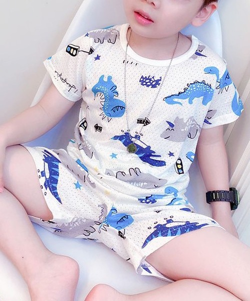 新作 Aimoha Kids ルームウェア かわいいイラスト総柄ルームウェア 定番 半袖 Tシャツショーツセットアップ ルームウェア パジャマ Aimoha アイモハ のファッション