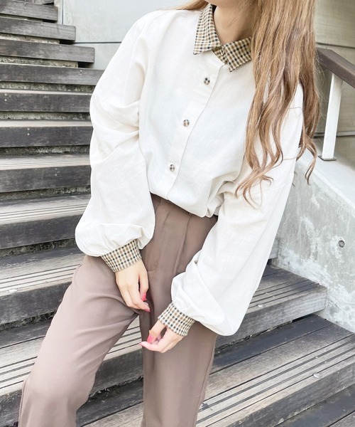 apres jour（アプレジュール）の「襟チェックシャツ【ZOZOTOWN限定アイテム】（シャツ/ブラウス・レディース・ベージュ/アイボリー・X-LARGE/フリー）」の7枚目の写真