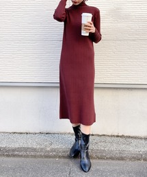 ハイネックリブニットロングワンピース