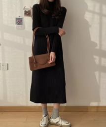 ハイネックリブニットロングワンピース