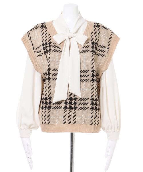 INGNI（イング）の「チェックニットベスト＋ボウタイブラウス／SET（ニット/セーター・レディース・ベージュ/ブラック/アイボリー・M）」の6枚目の写真