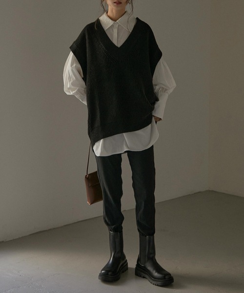 Fashion Letter（ファッションレター）の「Vネックオーバーサイズニットベスト（ベスト・レディース・ブラック/モカ・M～Ｌ/LL～3L/4L～5L）」の5枚目の写真