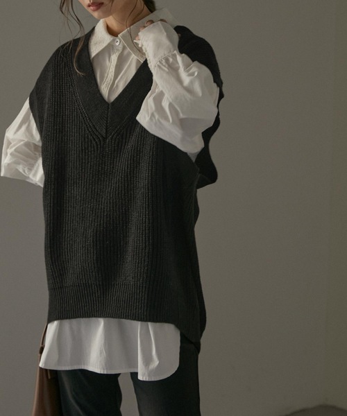 Fashion Letter（ファッションレター）の「Vネックオーバーサイズニットベスト（ベスト・レディース・ブラック/モカ・M～Ｌ/LL～3L/4L～5L）」の17枚目の写真