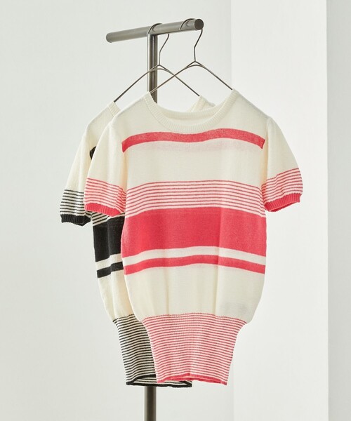 FREAK'S STORE（フリークスストア）の「レトロボーダーリネンショートスリーブプルオーバー（ニット/セーター・レディース・ブラック/レッド/オレンジ/グリーン・ﾌﾘ-）」の4枚目の写真