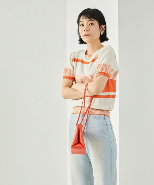 FREAK'S STORE（フリークスストア）の「レトロボーダーリネンショートスリーブプルオーバー（ニット/セーター・レディース・ブラック/レッド/オレンジ/グリーン・ﾌﾘ-）」の5枚目の写真