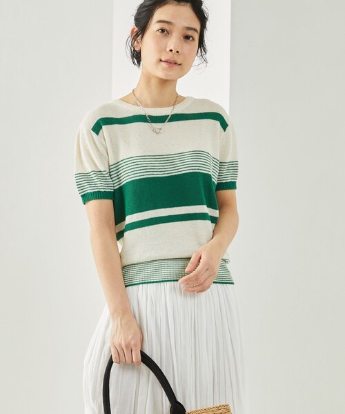 FREAK'S STORE（フリークスストア）の「レトロボーダーリネンショートスリーブプルオーバー（ニット/セーター・レディース・ブラック/レッド/オレンジ/グリーン・ﾌﾘ-）」の17枚目の写真