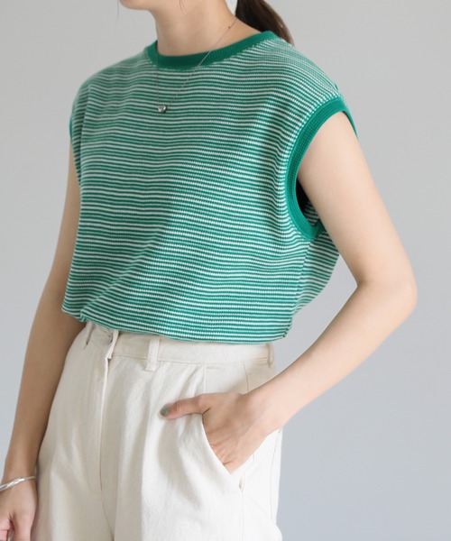 select MOCA（セレクトモカ）の「フレンチスリーブワッフルトップス（その他トップス・レディース・ブラウン/オフホワイト/グリーン・FREE）」の6枚目の写真