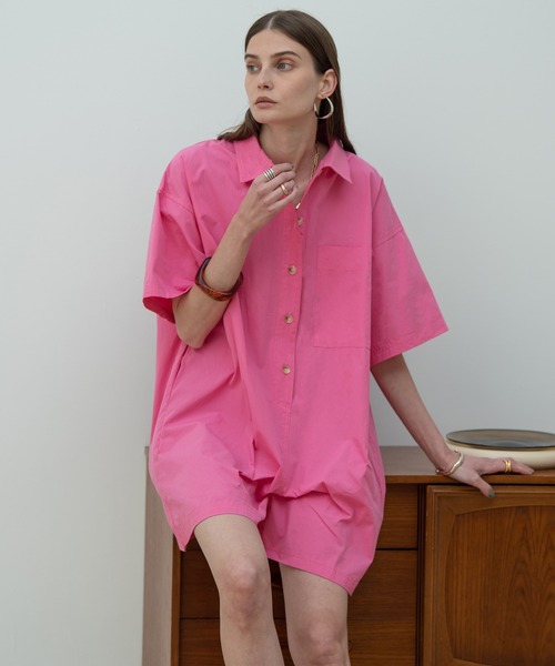 HANNE（アン）の「シャツショートロンパース（つなぎ/オールインワン・レディース・ネイビー/ピンク・フリー）」の12枚目の写真
