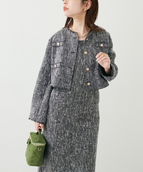 natural couture（ナチュラルクチュール）の「WEB限定カラー/セットアップ着用可/2022AWアイテム/ツイードジャンパースカート（ジャンパースカート・レディース・ブラック/ライトベージュ/ブラウン/ブラック系・FREE）」の6枚目の写真