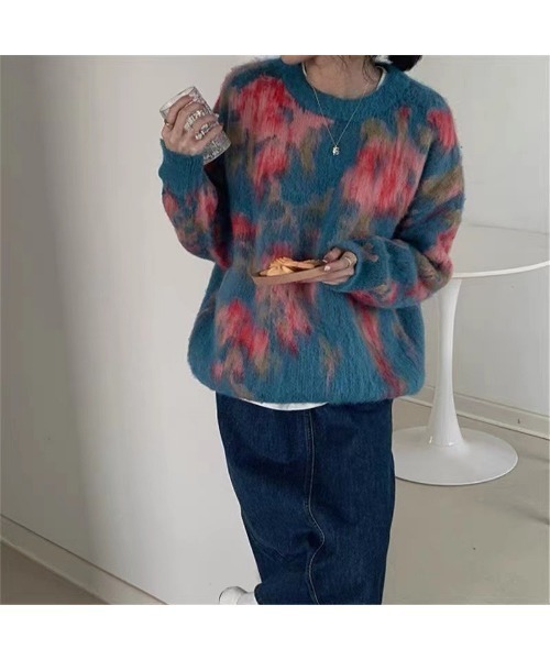 SpRay（スプレイ）の「シャギー花柄ニット（ニット/セーター・レディース・ダークパープル/ブルー・FREE）」の4枚目の写真