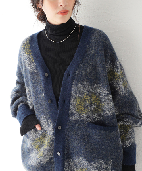 美品 22aw ミオズモーキー MIOSMOKEY 総柄 オーバーサイズ カーディガン ウール モヘヤ ニット セーター 00 ネイビー メンズ レディース 22aw ミオズモーキー MIOSMOKEY 総柄 オーバーサイズ