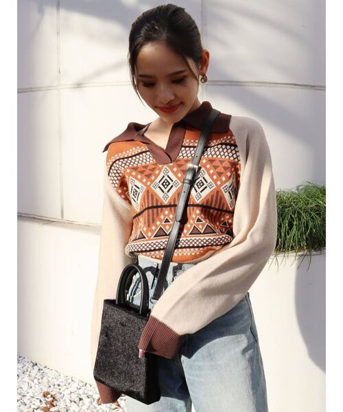 EVRIS（エヴリス）の「襟付きジャガードニット（ニット/セーター・レディース・ブルー/グリーン/ブラウン・FREE）」の2枚目の写真