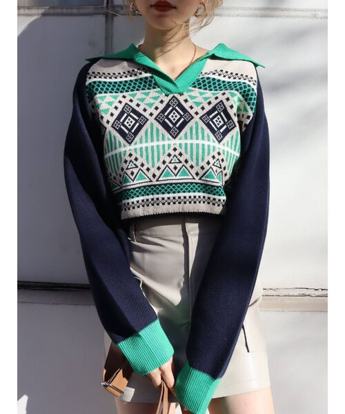 EVRIS（エヴリス）の「襟付きジャガードニット（ニット/セーター・レディース・ブルー/グリーン/ブラウン・FREE）」の14枚目の写真