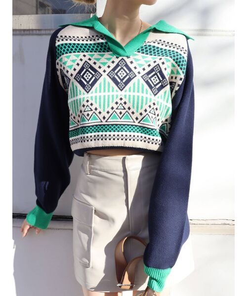 EVRIS（エヴリス）の「襟付きジャガードニット（ニット/セーター・レディース・ブルー/グリーン/ブラウン・FREE）」の6枚目の写真