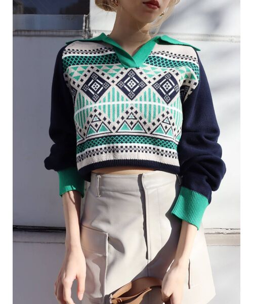 EVRIS（エヴリス）の「襟付きジャガードニット（ニット/セーター・レディース・ブルー/グリーン/ブラウン・FREE）」の10枚目の写真