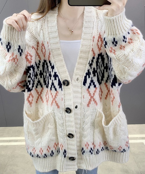 ｔｏｌｅｎｅ（トレネ）の「ノルディック柄ざっくり編みニットカーディガン（カーディガン/ボレロ・レディース・ネイビー/ホワイト・FREE）」の4枚目の写真