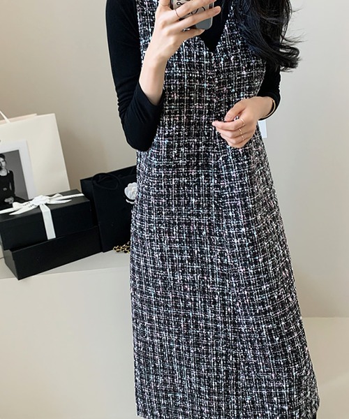 Doula Doula(ドゥーラドゥーラ)の「ツイードジャンパースカート(ワンピース・レディース・オフホワイト/ブラック/ネイビー・FREE)」の6枚目の写真