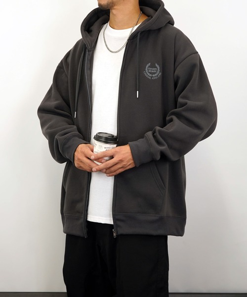 Burner（バーナー）の「【GROOVY STORE】ビッグシルエットワンポイント刺繍ZIPパーカー裏起毛（パーカー・メンズ・ブラック/グレイッシュベージュ/インディゴブルー/ライトブラック/杢グレー・L/M/LL）」の22枚目の写真