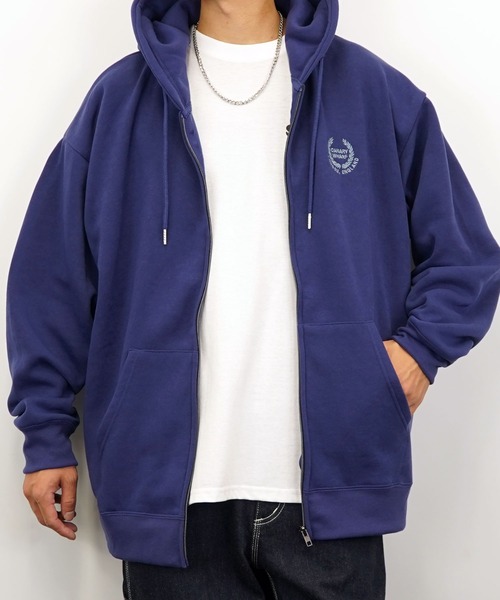 裏起毛ビックシルエットフルジップパーカー セール】【GROOVY STORE】ビッグシルエットワンポイント刺繍ZIP