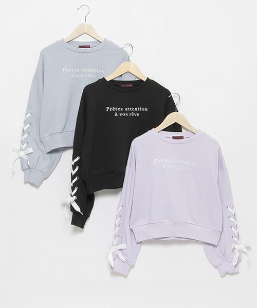 LOVETOXIC（ラブトキシック）の「【WEB・一部店舗限定】袖レースアップスウェット（スウェット・キッズ・ラベンダー/ブラック/サックスブルー・S/L/M）」の8枚目の写真