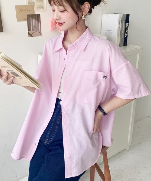 セール】ワンポイント刺繍半袖オックスシャツ（シャツ/ブラウス