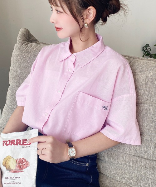 セール】ワンポイント刺繍半袖オックスシャツ（シャツ/ブラウス