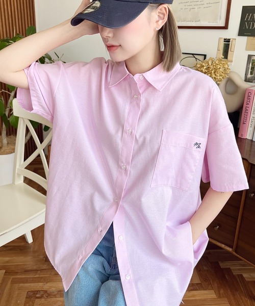 マディソンブルー 半袖 シャツ ピンク コットン オックスフォード BD 刺繍S マディソンブルー 半袖 シャツ ピンク コットン オックスフォード BD 刺繍S