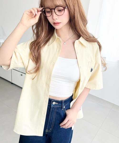 シャツ/ブラウス(半袖/袖なし) [mignon X MODUE] linkle balloon blouse U.S.POLO ASSN.ワンポイント刺繍半袖オックスシャツ（シャツ/ブラウス