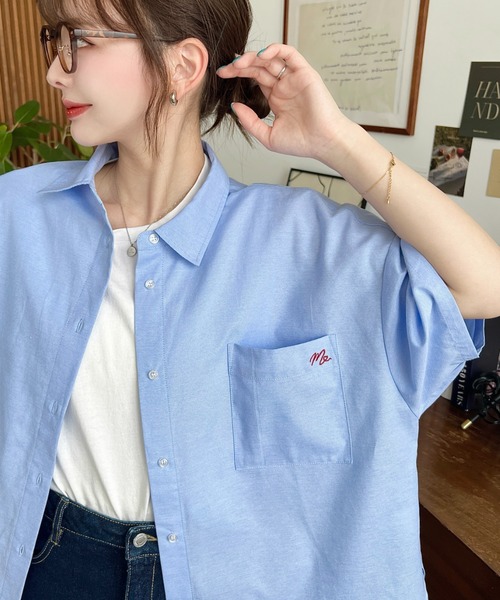 マディソンブルー 半袖 シャツ ピンク コットン オックスフォード BD 刺繍S マディソンブルー 半袖 シャツ ピンク コットン オックスフォード BD